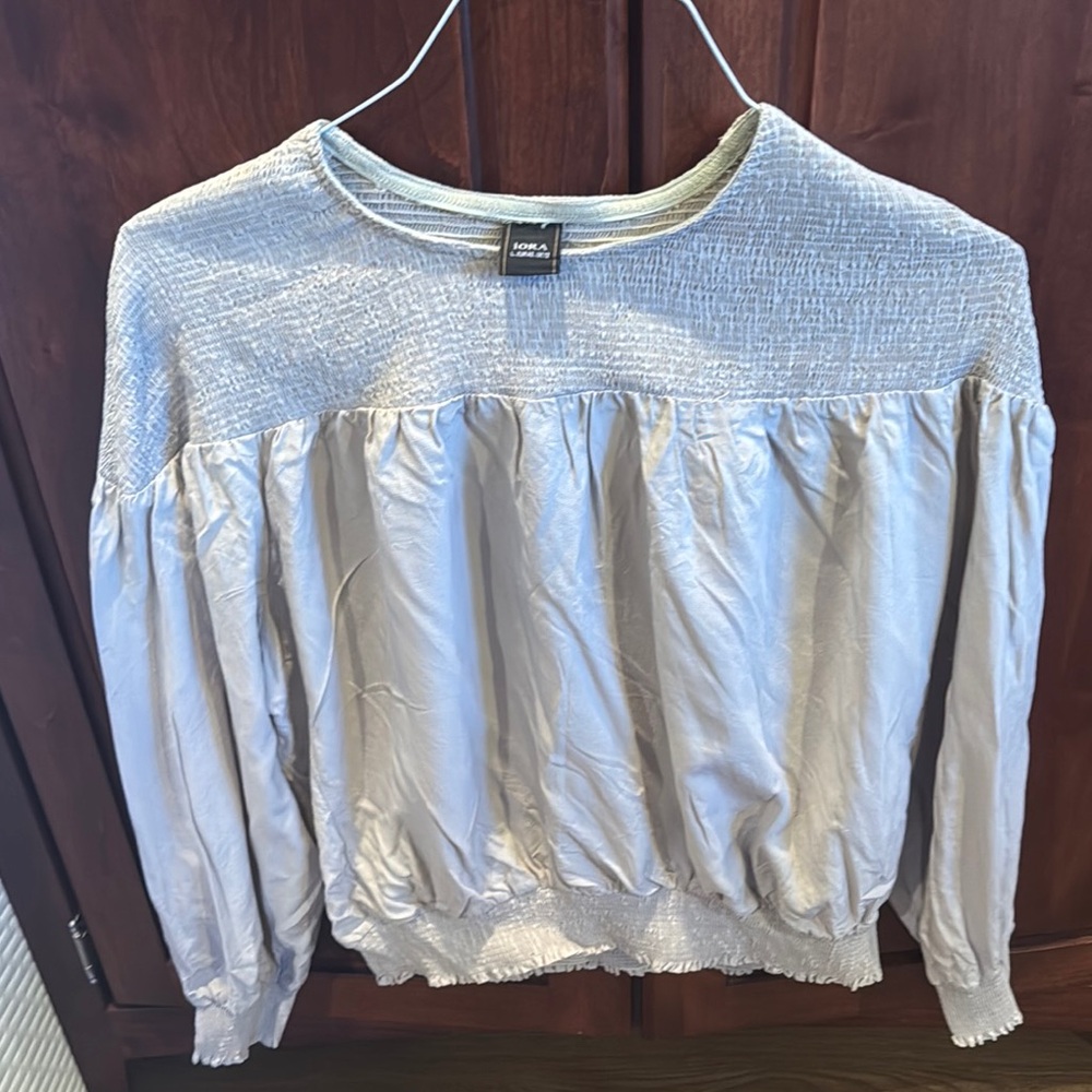 Light Grey Smocked Long Sleeve Relaxed Blouse